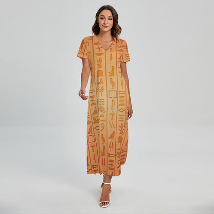 Egyptian Hieroglyphs Symbol Print Short Sleeve Maxi Dress