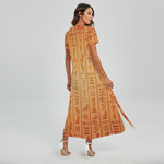 Egyptian Hieroglyphs Symbol Print Short Sleeve Maxi Dress