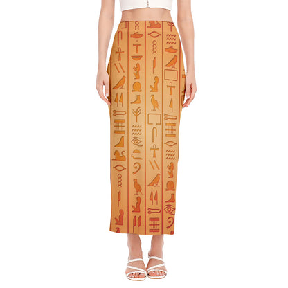 Egyptian Hieroglyphs Symbol Print Side Slit Maxi Skirt