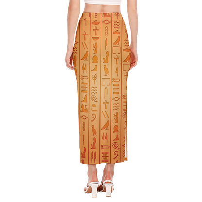 Egyptian Hieroglyphs Symbol Print Side Slit Maxi Skirt