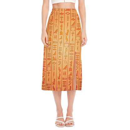 Egyptian Hieroglyphs Symbol Print Side Slit Midi Skirt