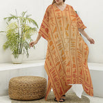Egyptian Hieroglyphs Symbol Print Silk V-Neck Kaftan Dress