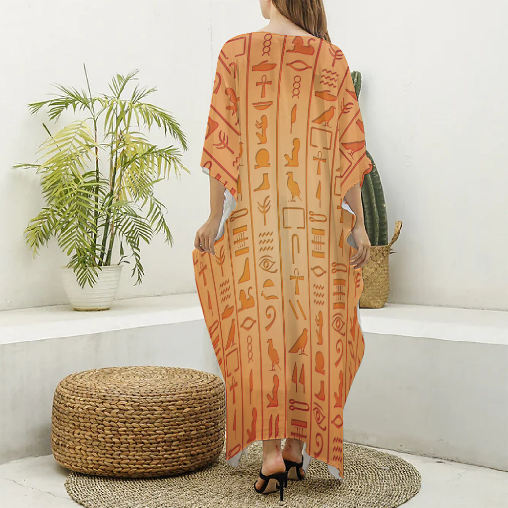 Egyptian Hieroglyphs Symbol Print Silk V-Neck Kaftan Dress
