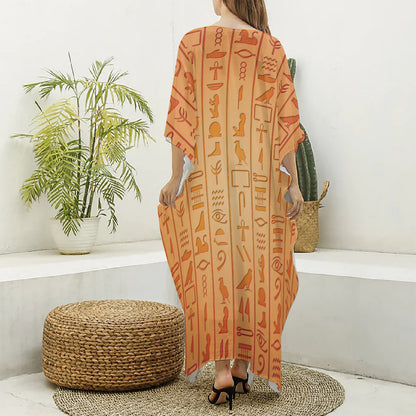 Egyptian Hieroglyphs Symbol Print Silk V-Neck Kaftan Dress