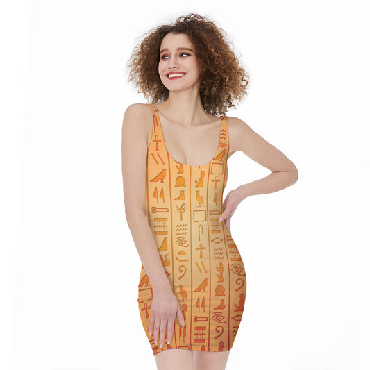 Egyptian Hieroglyphs Symbol Print Sleeveless Bodycon Dress