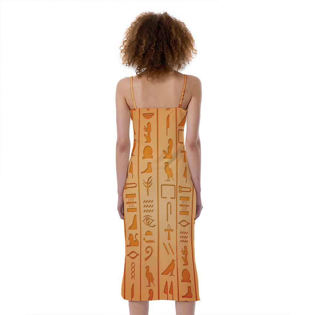 Egyptian Hieroglyphs Symbol Print Slim Fit Midi Cami Dress