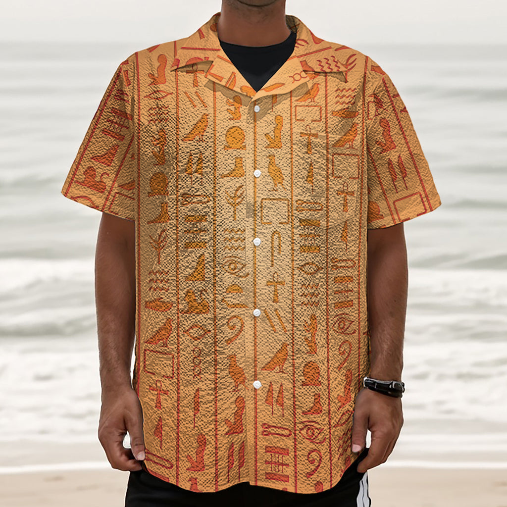 Egyptian Hieroglyphs Symbol Print Textured Short Sleeve Shirt