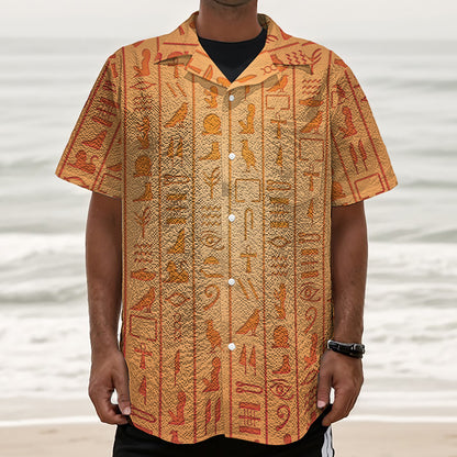 Egyptian Hieroglyphs Symbol Print Textured Short Sleeve Shirt