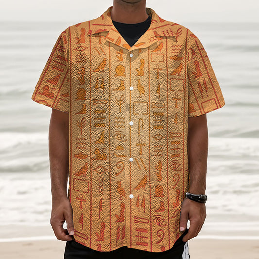 Egyptian Hieroglyphs Symbol Print Textured Short Sleeve Shirt