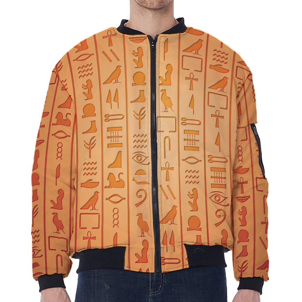 Egyptian Hieroglyphs Symbol Print Zip Sleeve Bomber Jacket