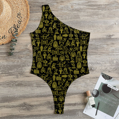 Egyptian Symbols Pattern Print One Shoulder Bodysuit