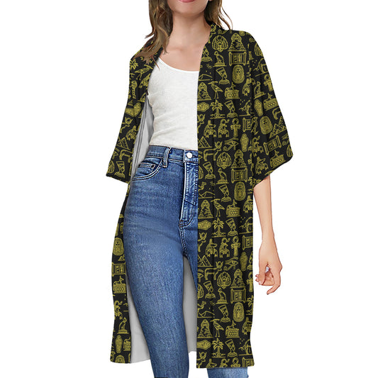Egyptian Symbols Pattern Print Open Front Beach Cover Up