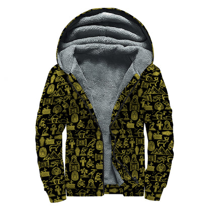 Egyptian Symbols Pattern Print Sherpa Lined Zip Up Hoodie