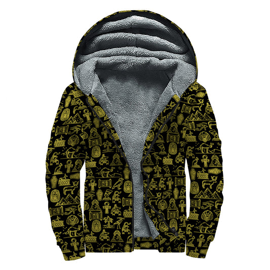 Egyptian Symbols Pattern Print Sherpa Lined Zip Up Hoodie