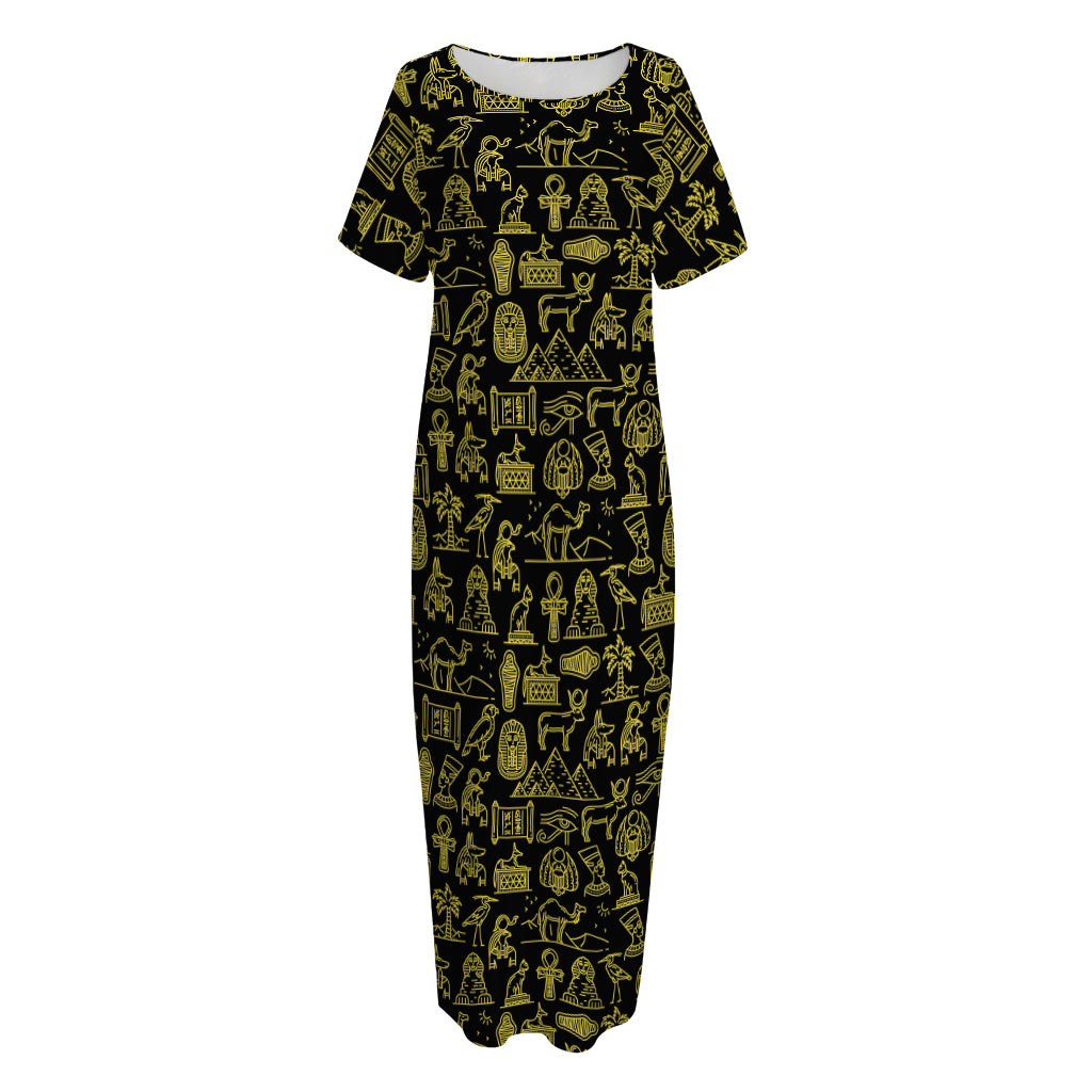 Egyptian Symbols Pattern Print Short Sleeve Long Nightdress