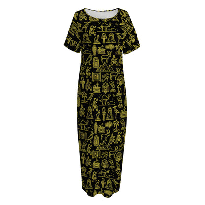 Egyptian Symbols Pattern Print Short Sleeve Long Nightdress