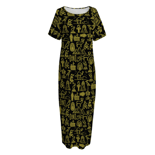 Egyptian Symbols Pattern Print Short Sleeve Long Nightdress