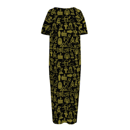 Egyptian Symbols Pattern Print Short Sleeve Long Nightdress