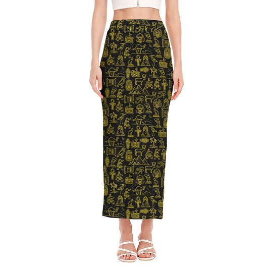 Egyptian Symbols Pattern Print Side Slit Maxi Skirt