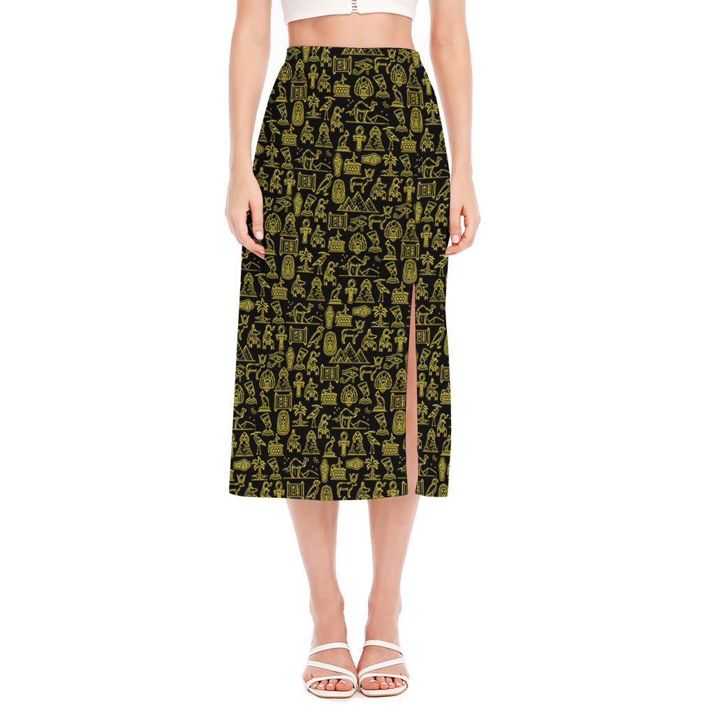 Egyptian Symbols Pattern Print Side Slit Midi Skirt