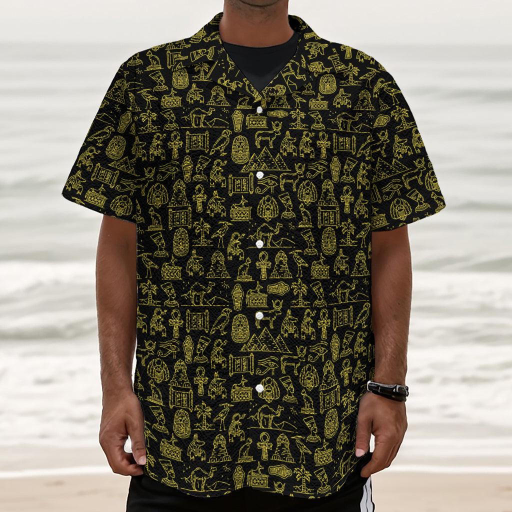 Egyptian Symbols Pattern Print Textured Short Sleeve Shirt