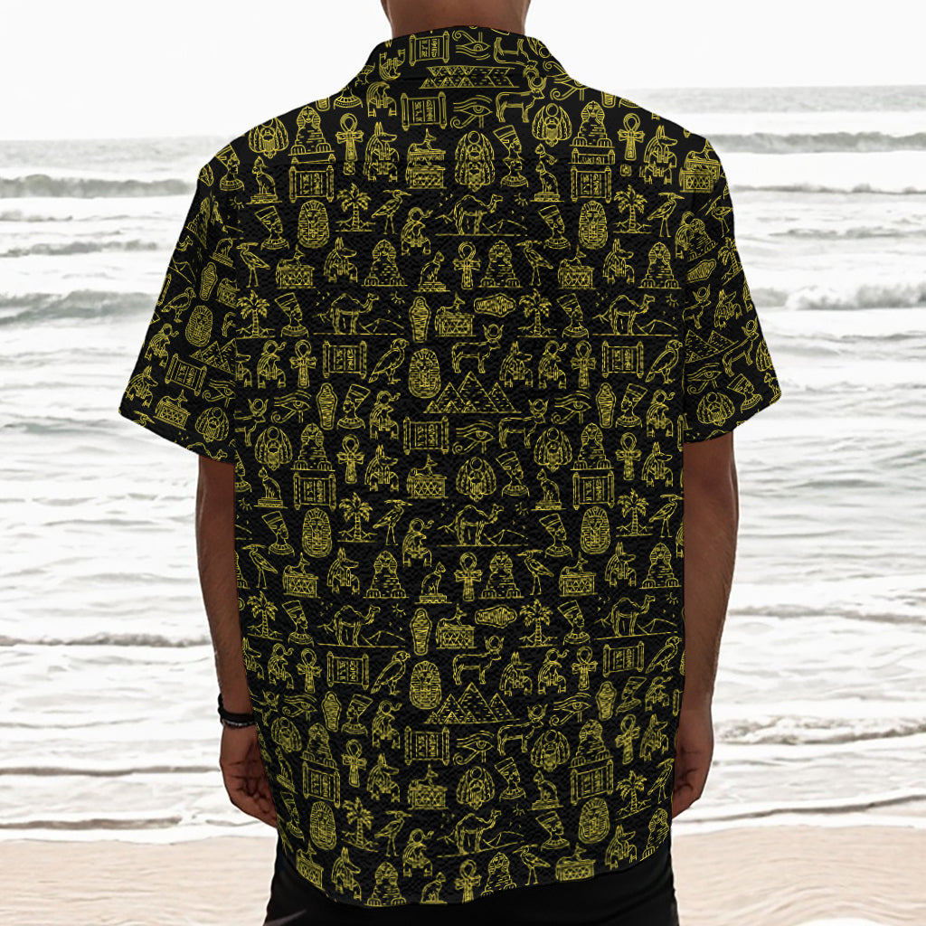 Egyptian Symbols Pattern Print Textured Short Sleeve Shirt