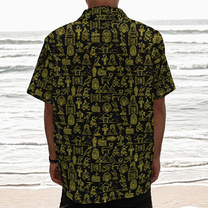 Egyptian Symbols Pattern Print Textured Short Sleeve Shirt
