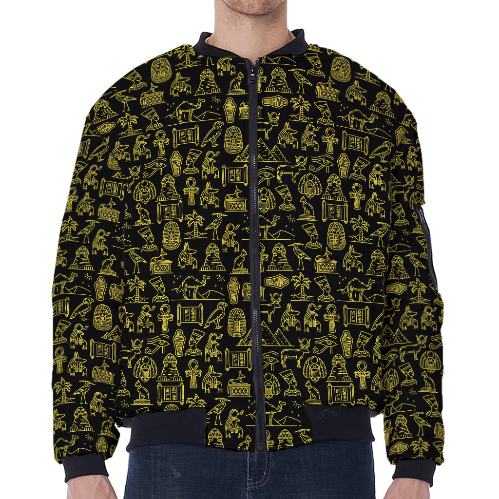 Egyptian Symbols Pattern Print Zip Sleeve Bomber Jacket