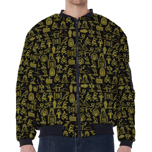 Egyptian Symbols Pattern Print Zip Sleeve Bomber Jacket