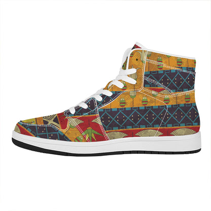 Egyptian Tribal Pattern Print High Top Leather Sneakers