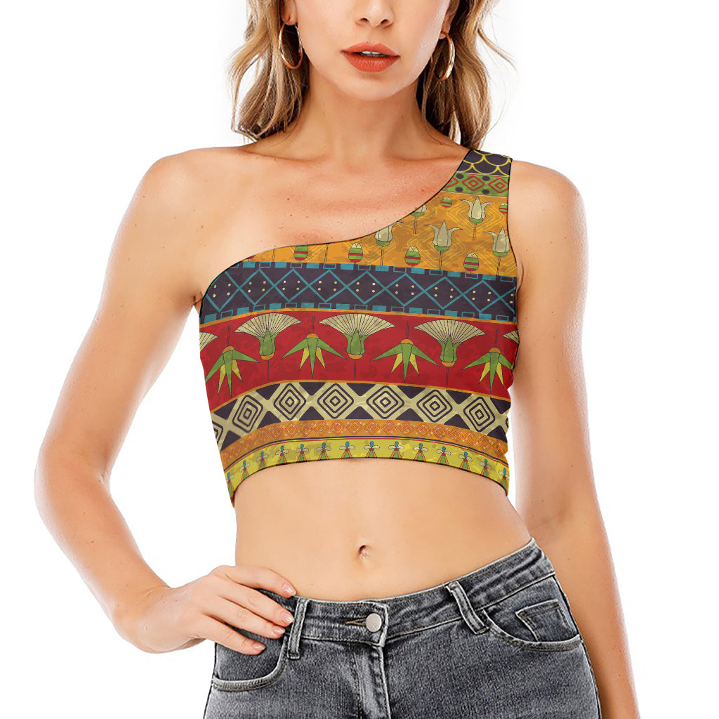 Egyptian Tribal Pattern Print One Shoulder Crop Top