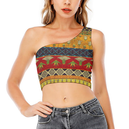 Egyptian Tribal Pattern Print One Shoulder Crop Top