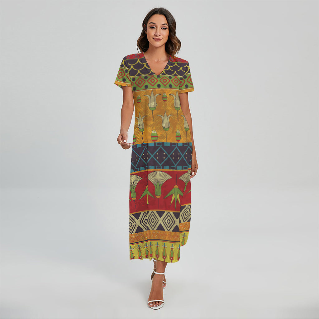 Egyptian Tribal Pattern Print Short Sleeve Maxi Dress