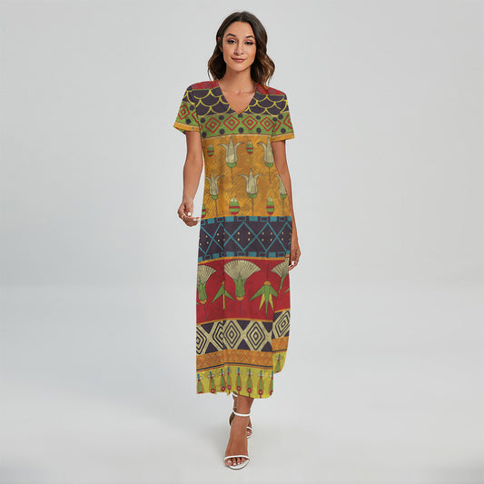 Egyptian Tribal Pattern Print Short Sleeve Maxi Dress