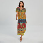 Egyptian Tribal Pattern Print Short Sleeve Maxi Dress