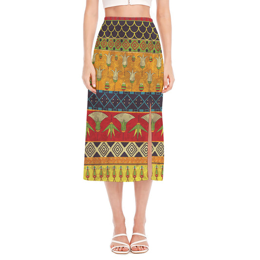 Egyptian Tribal Pattern Print Side Slit Midi Skirt