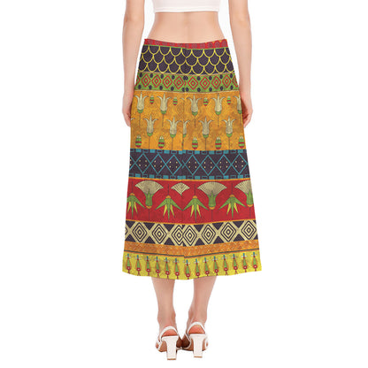 Egyptian Tribal Pattern Print Side Slit Midi Skirt