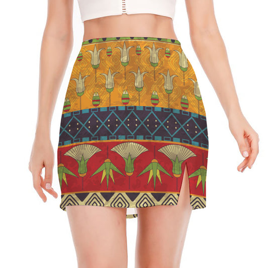 Egyptian Tribal Pattern Print Side Slit Mini Skirt