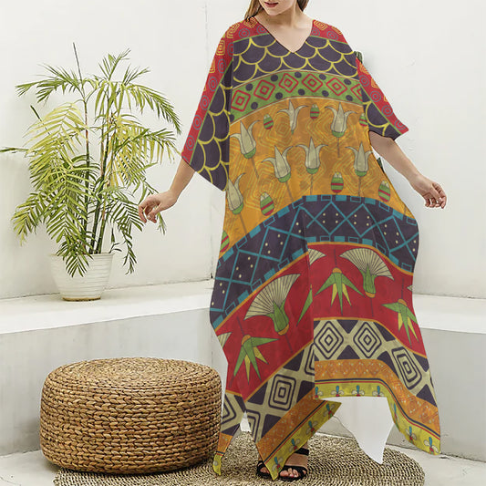 Egyptian Tribal Pattern Print Silk V-Neck Kaftan Dress