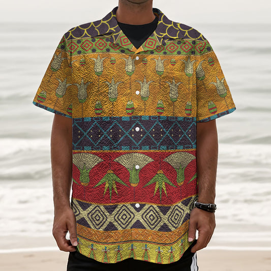 Egyptian Tribal Pattern Print Textured Short Sleeve Shirt