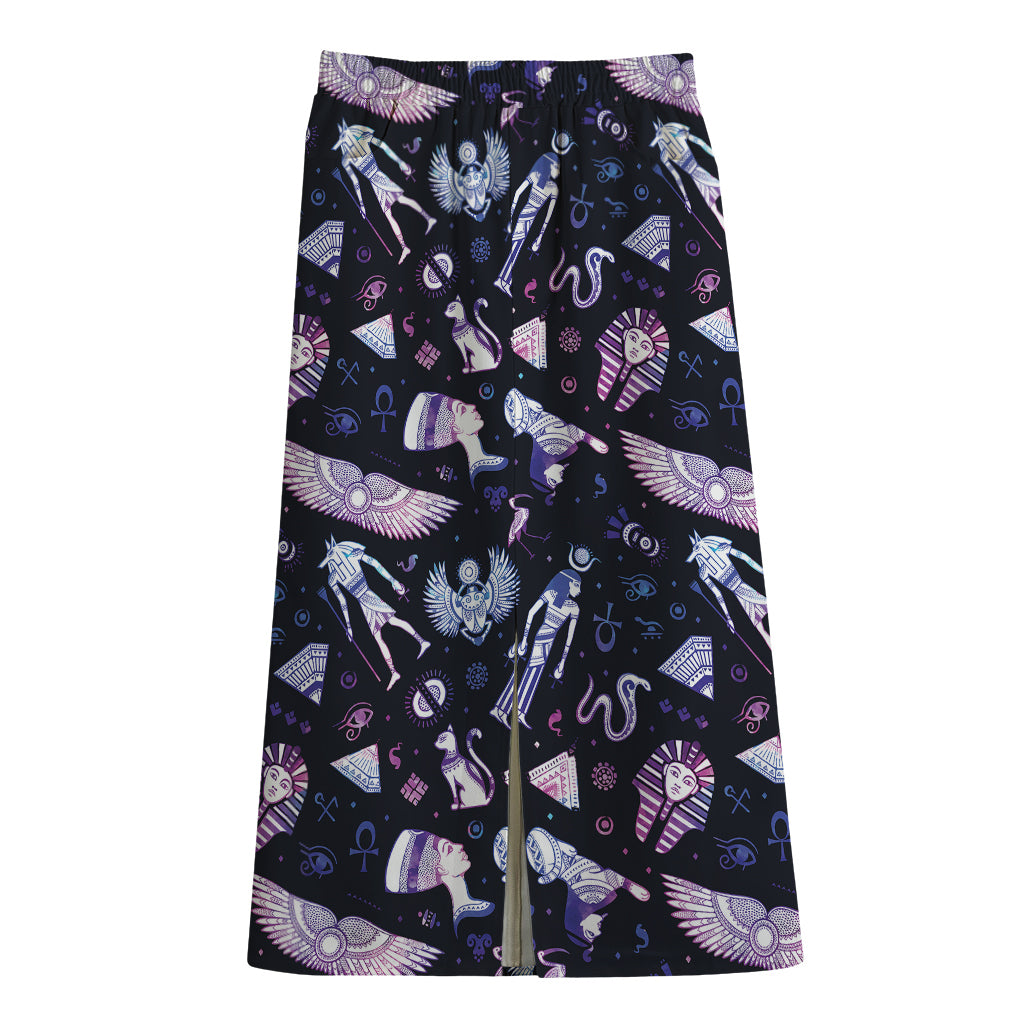 Egyptian Tribal Symbols Print Cotton Front Slit Maxi Skirt