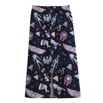 Egyptian Tribal Symbols Print Cotton Front Slit Maxi Skirt