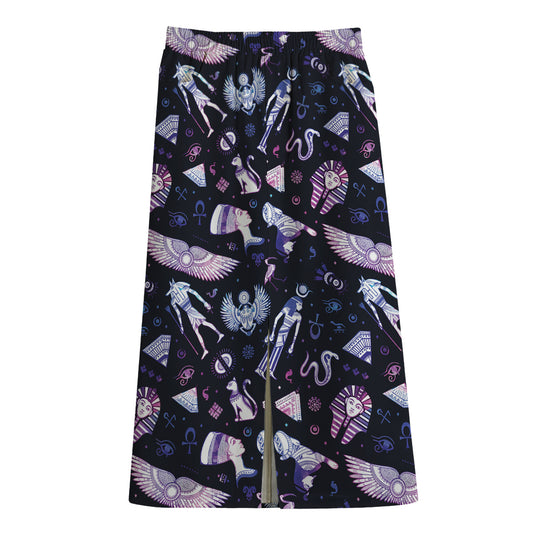 Egyptian Tribal Symbols Print Cotton Front Slit Maxi Skirt