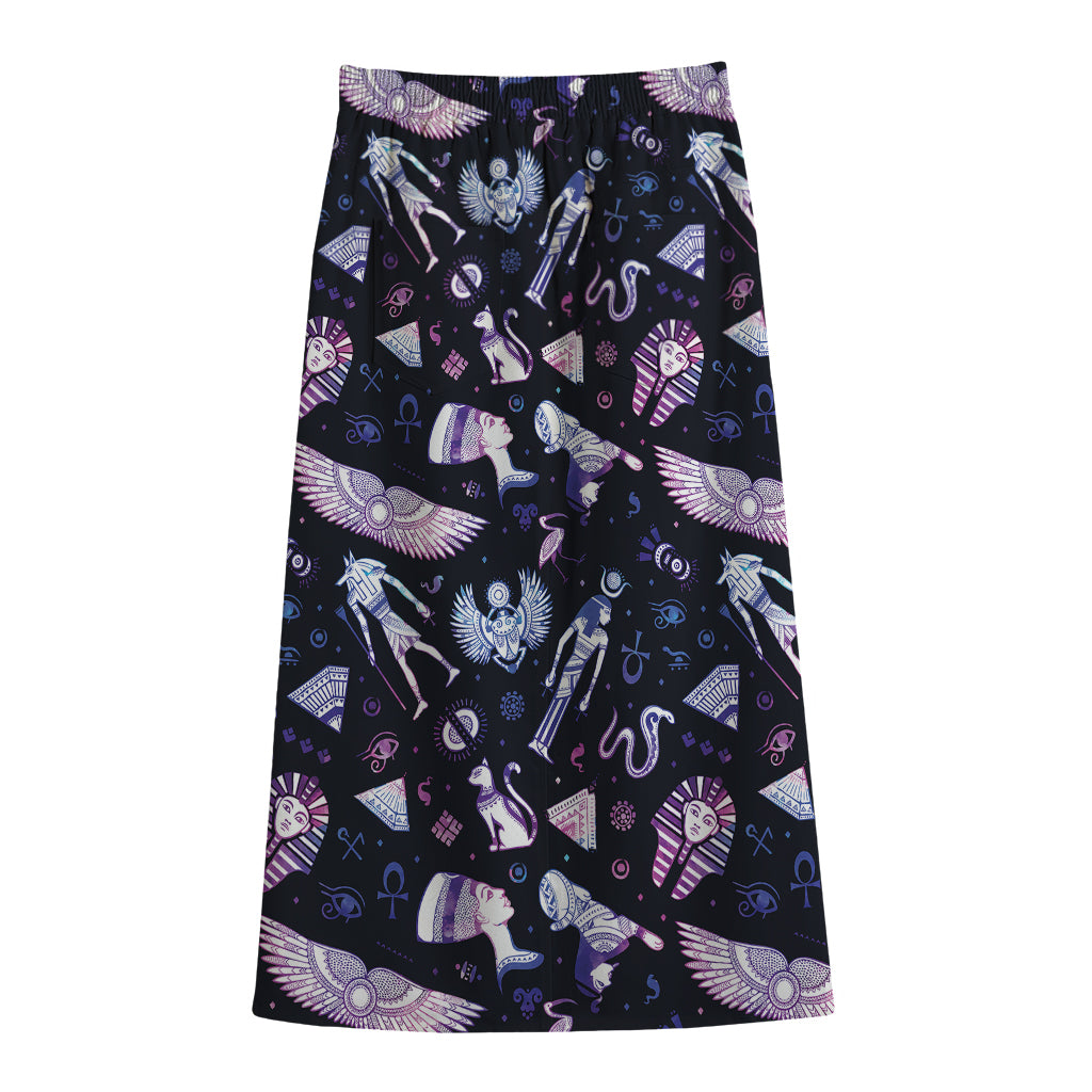 Egyptian Tribal Symbols Print Cotton Front Slit Maxi Skirt