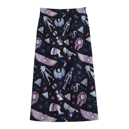 Egyptian Tribal Symbols Print Cotton Front Slit Maxi Skirt