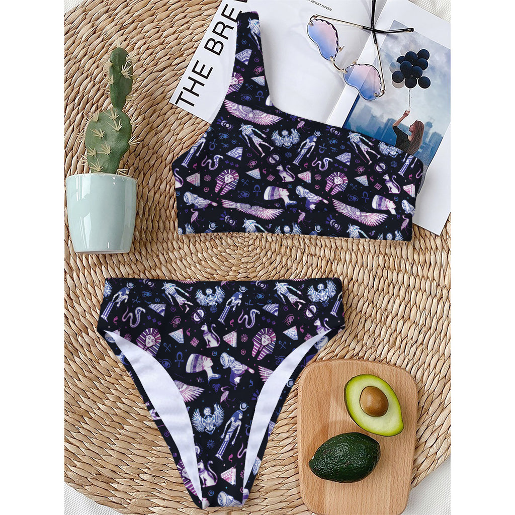 Egyptian Tribal Symbols Print One Shoulder Bikini Top