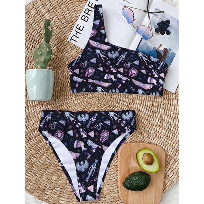 Egyptian Tribal Symbols Print One Shoulder Bikini Top
