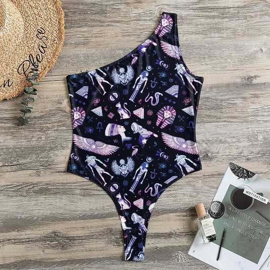 Egyptian Tribal Symbols Print One Shoulder Bodysuit