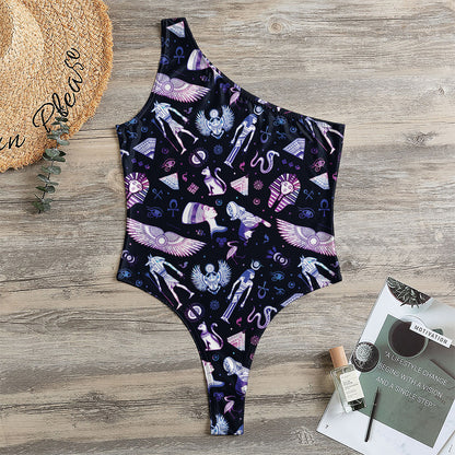 Egyptian Tribal Symbols Print One Shoulder Bodysuit