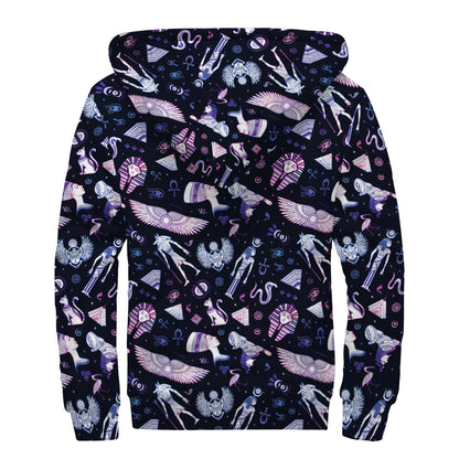 Egyptian Tribal Symbols Print Sherpa Lined Zip Up Hoodie